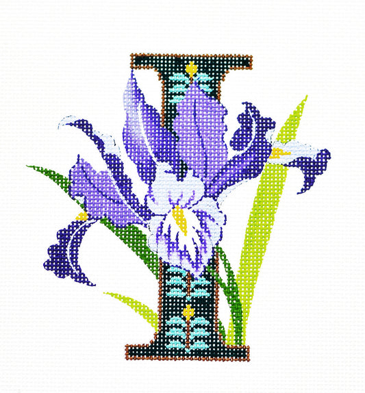 Alphabet Letter ~ I with Floral Purple Bearded Iris handpainted Needlepoint Canvas Design by LEE