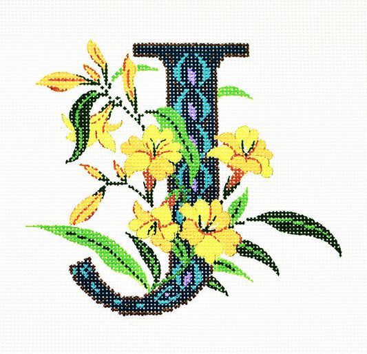 Alphabet Letter ~ J with Floral Jasmine handpainted Needlepoint Canvas Design by LEE