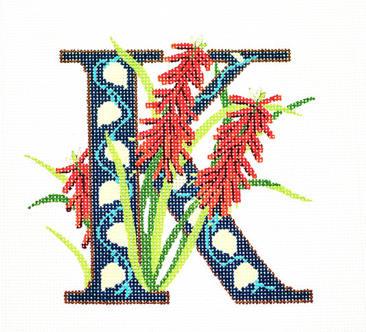 Alphabet Letter ~ K with Floral Kniphofia handpainted Needlepoint Canvas Design by LEE