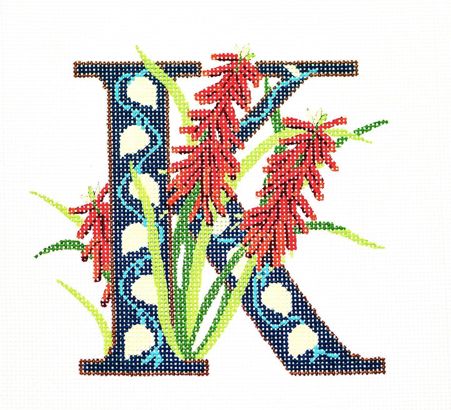 Alphabet Letter ~ K with Floral Kniphofia Blossoms handpainted 16 Mesh Needlepoint Canvas Design by LEE