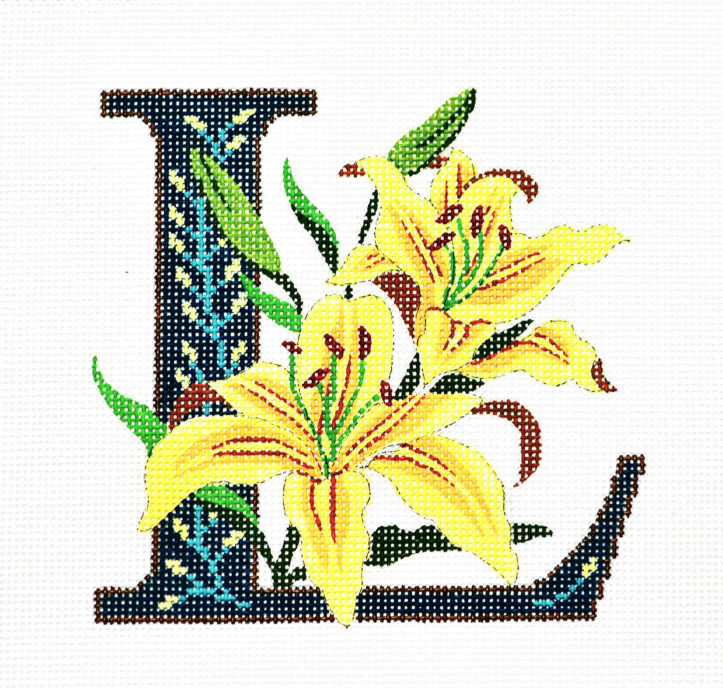 Alphabet Letter ~ L with Floral Yellow Lily handpainted Needlepoint Canvas Design by LEE