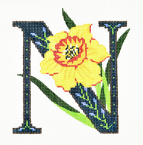 Alphabet Letter ~ N with Floral Yellow Narcissus handpainted Needlepoint Canvas Design by LEE