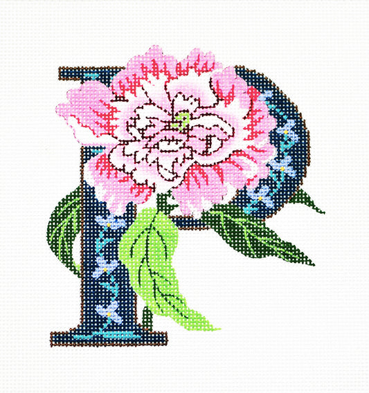 Alphabet Letter ~ P with Floral Peony handpainted Needlepoint Canvas Design by LEE