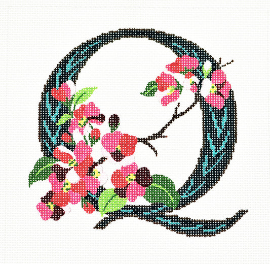 Alphabet Letter ~ Q with Floral Quince handpainted Needlepoint Canvas Design by LEE
