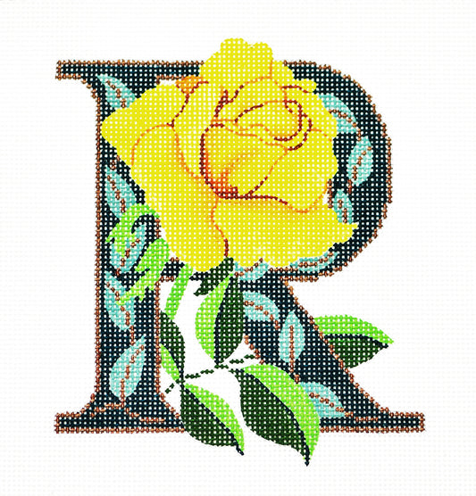 Alphabet Letter ~ R with Floral Yellow Rose handpainted Needlepoint Canvas Design by LEE