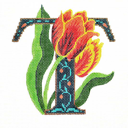 Alphabet Letter ~ T with Floral Tulip handpainted Needlepoint Canvas Design by LEE