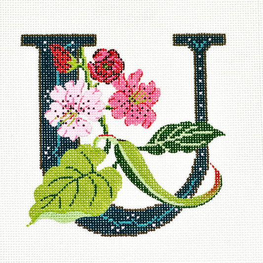Alphabet Letter ~ U with Unicorn Flowers handpainted Needlepoint Canvas Design by LEE