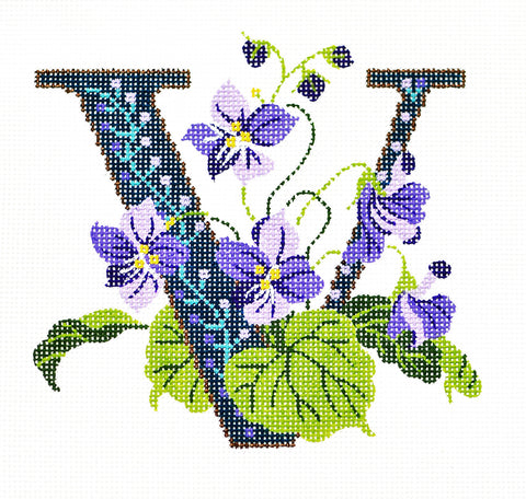 Alphabet Letter ~ V with Floral Violet handpainted Needlepoint Canvas Design by LEE