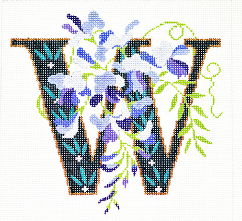 Alphabet Letter ~ W with Floral Wisteria Design handpainted Needlepoint Canvas Design by LEE