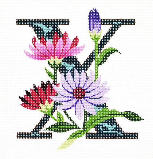 Alphabet Letter ~ X with Floral Xeranthemum handpainted Needlepoint Canvas Design by LEE