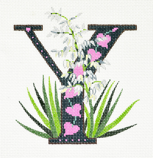 Alphabet Letter ~ Y with Floral Yucca handpainted Needlepoint Canvas Design by LEE