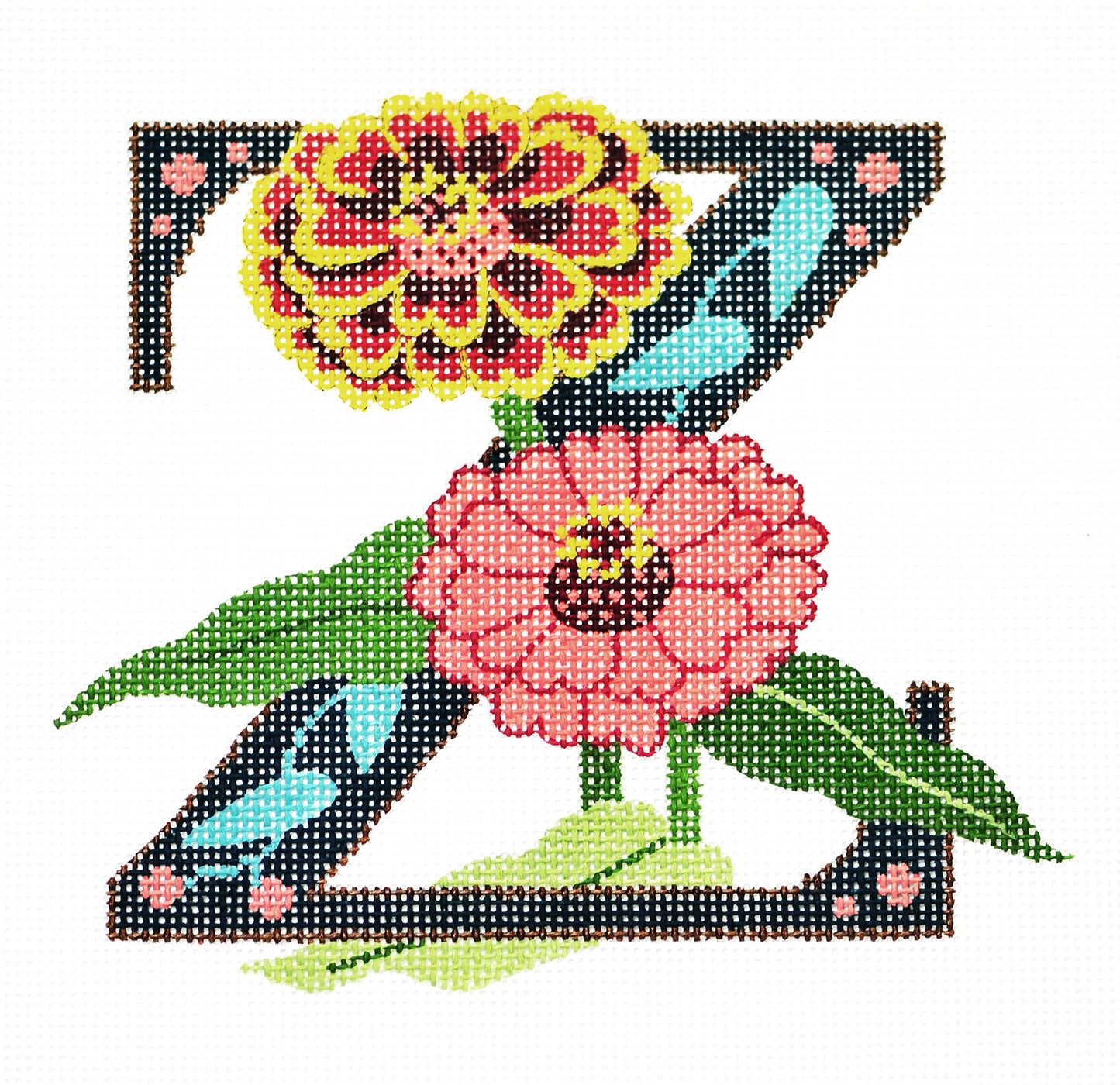 Alphabet Letter ~ Z with Floral Zinnia handpainted Needlepoint Canvas Design by LEE