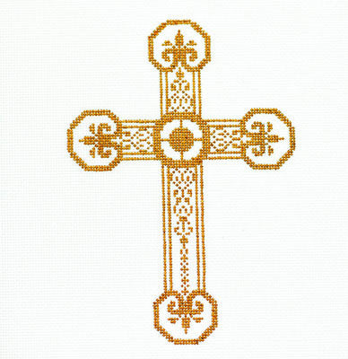 Cross ~ Elegant 7" tall Gold and White CROSS handpainted Needlepoint Canvas by LEE