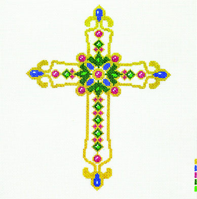 Cross ~ Elegant 7" Tall Green & White Jeweled Cross handpainted Needlepoint Canvas by LEE