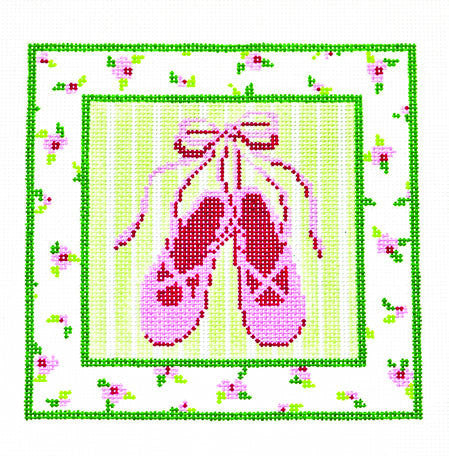 Canvas ~ Pink Ballet Slippers with Green & Pink Flower Border handpainted Needlepoint Canvas