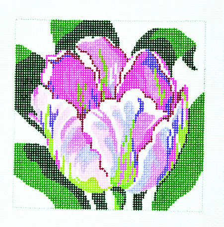 Floral Canvas ~ Purple & White Tulip hand painted on 12 Mesh Needlepoint Canvas by LEE