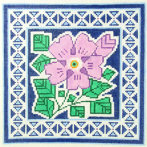 Floral Canvas ~ Elegant Rose of Sharon on Blue Design handpainted Needlepoint Canvas 13m by LEE