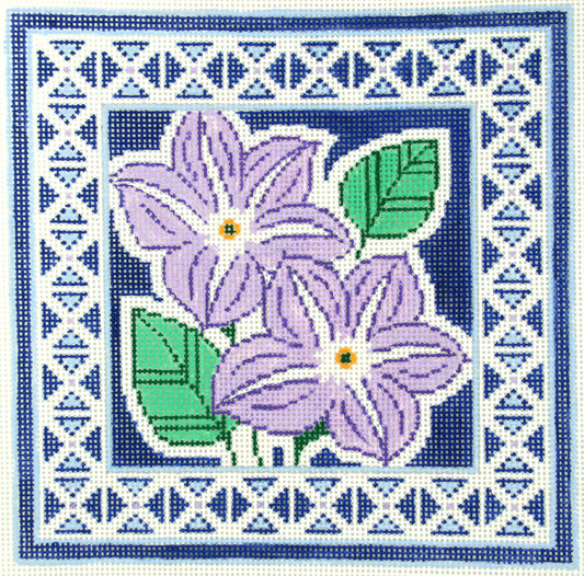 Floral canvas ~ Elegant Purple Violets on Blue Design handpainted Needlepoint Canvas 13mesh by LEE