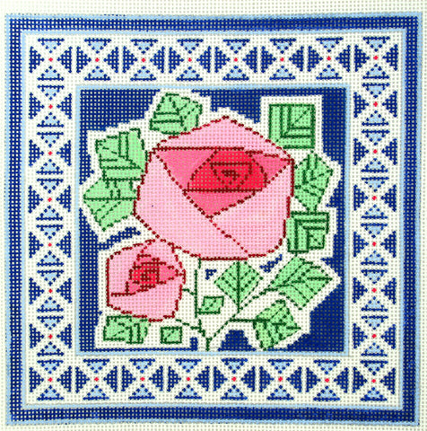 Floral Canvas ~ An Elegant 2 Pink Roses on Blue Design handpainted Needlepoint Canvas 13mesh by LEE