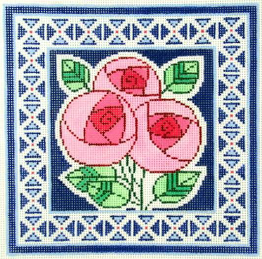 Floral Canvas ~ Elegant 3 Pink Peony Flowers on Blue Design handpaint Needlepoint Canvas 13mesh by LEE