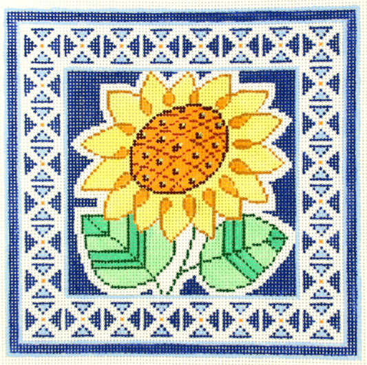 Floral Canvas ~ Elegant Sunflower Blossom on Blue Design handpainted Needlepoint Canvas 13mesh by LEE