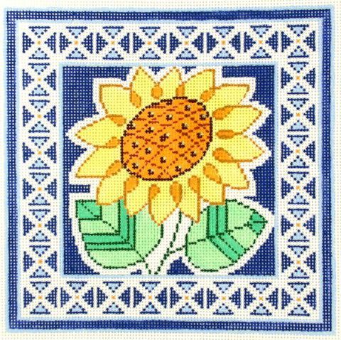 Floral Canvas ~ Elegant Sunflower Blossom on Blue Design handpainted Needlepoint Canvas 13mesh by LEE