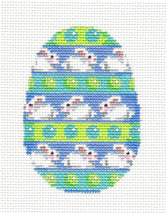 EGG ~ White Bunny Rabbits on Blue with Jelly Beans Egg handpainted Needlepoint Canvas Ornament by Assoc. Talents