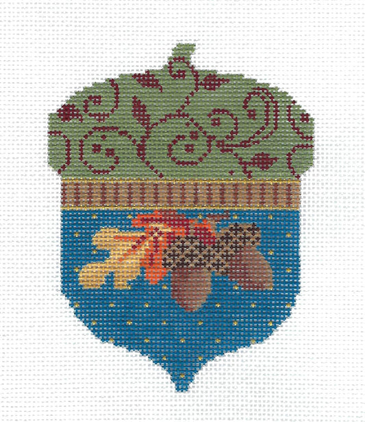 Acorn ~ Oak Leaves & Acorns Quilted Design handpainted Needlepoint Ornament Canvas by Kelly Clark