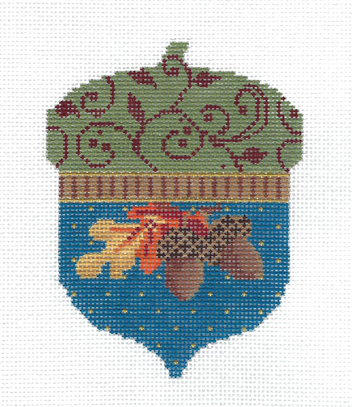 Acorn ~ Oak Leaves & Acorns Quilted Design handpainted Needlepoint Ornament Canvas by Kelly Clark