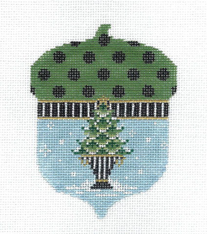 Acorn ~ Christmas Pine Tree Winter Acorn handpainted Needlepoint Ornament Canvas by Kelly Clark
