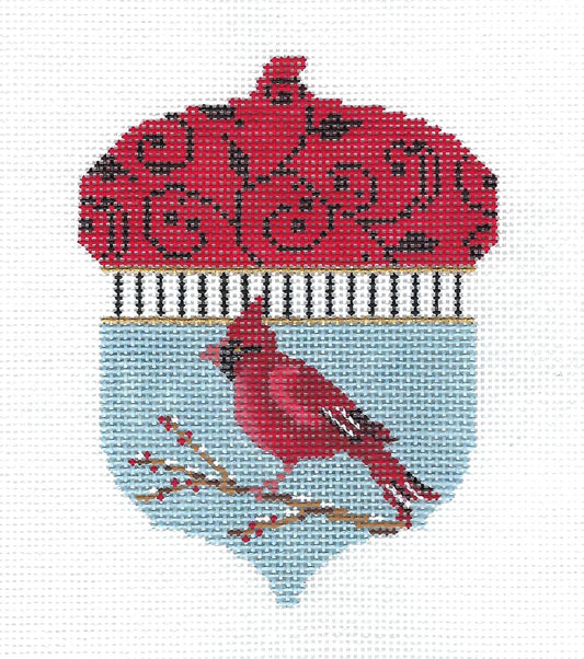 Acorn ~ Cardinal on a Winter Branch Acorn handpainted Needlepoint Canvas by Kelly Clark