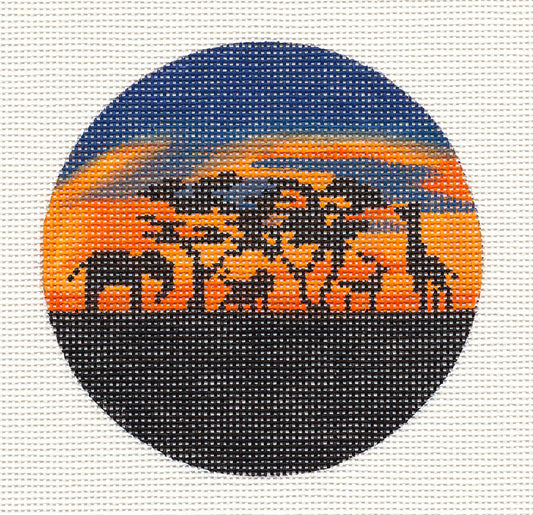 Travel Round ~ Sunset on the Serengeti in Africa Destination  4" Round handpainted Needlepoint Canvas by Painted Pony