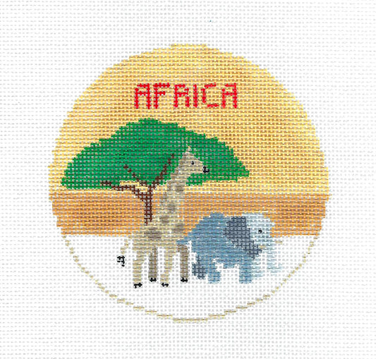 Travel Round ~ AFRICA Savanna Wildlife handpainted Needlepoint Canvas by Kathy Schenkel RD.