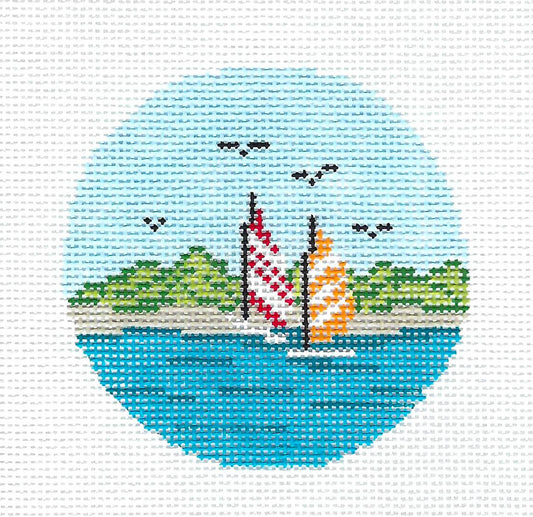 2 Sailboats on the Bay 3" Round Ornament handpainted Needlepoint Canvas by Needle Crossings