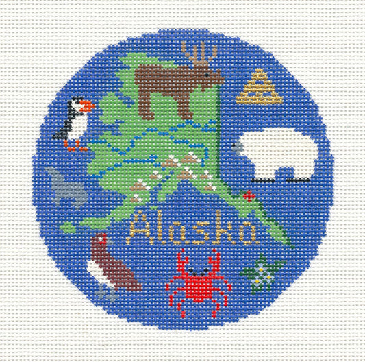 Round ~ State of ALASKA handpainted 4.25" Rd. 18 mesh Needlepoint Canvas by Silver Needle