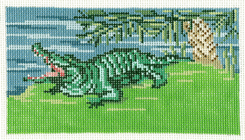 Tropical Canvas ~ Alligator Under a Palm Tree handpainted Needlepoint Canvas by Needle Crossings