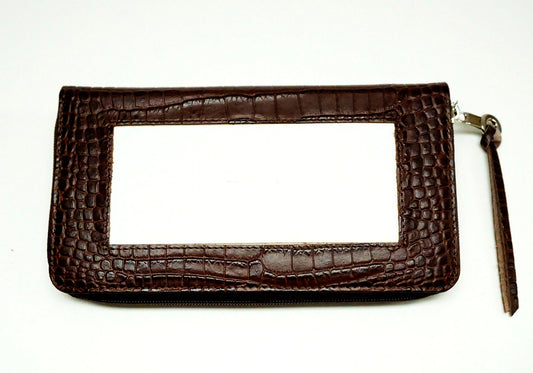 Accessory ~ Zip-Top Brown Alligator Grain Premium Leather Zip Wallet with Strap for Needlepoint Canvas by LEE