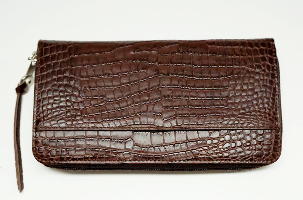 Accessory ~ Zip-Top Brown Alligator Grain Premium Leather Zip Wallet with Strap for Needlepoint Canvas by LEE