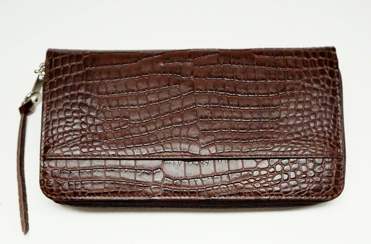 Accessory ~ Zip-Top Brown Alligator Grain Premium Leather Zip Wallet with Strap for Needlepoint Canvas by LEE