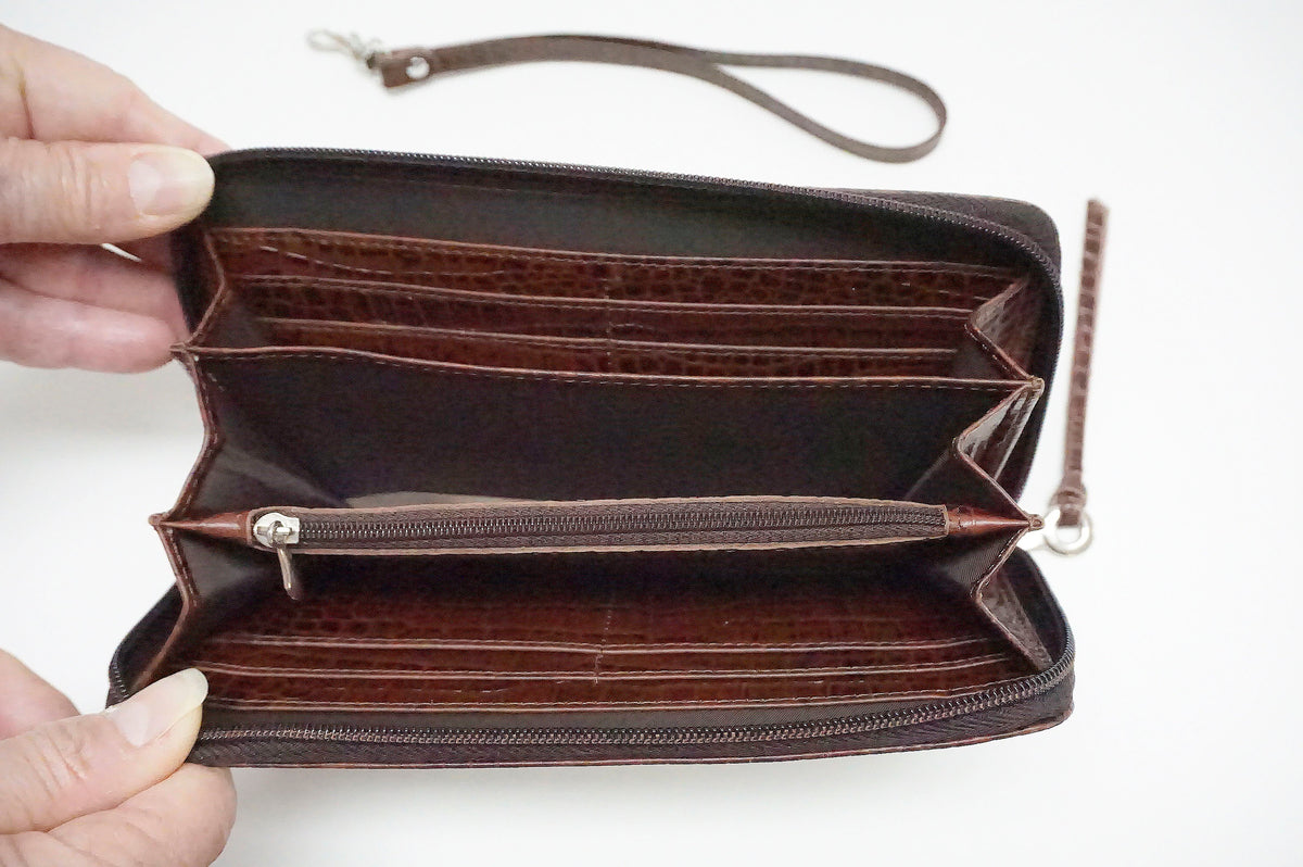 Accessory ~ Zip-Top Brown Alligator Grain Premium Leather Zip Wallet with Strap for Needlepoint Canvas by LEE