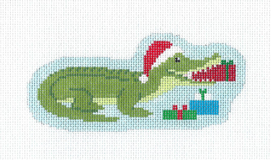 Christmas ~ Santa Alligator Bringing Gifts Ornament handpainted Needlepoint Canvas by Susan Roberts