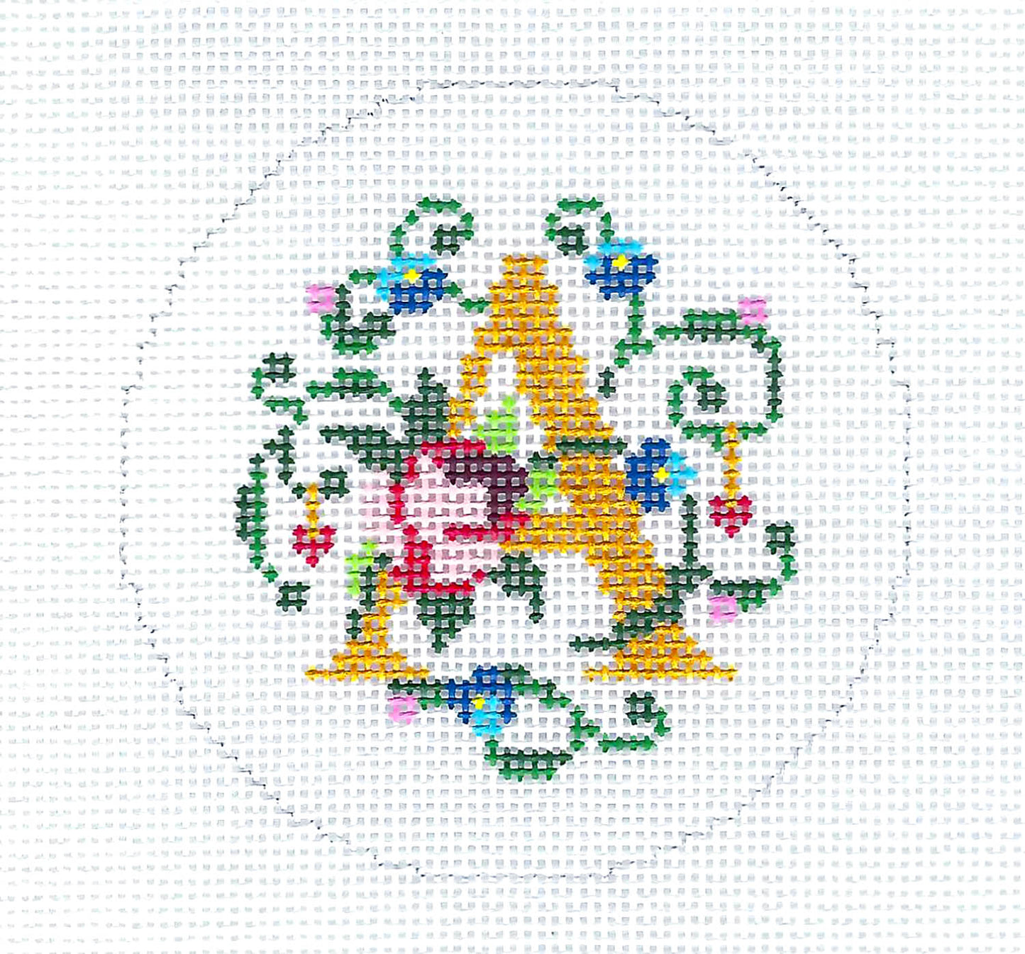 Alphabet ~ Letter "A" Floral Design handpainted Needlepoint Canvas 3" Rd. 18 mesh by Lee