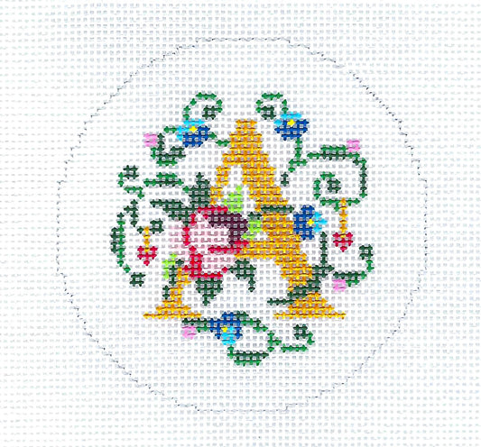 Alphabet ~ Letter "A" Floral Design handpainted Needlepoint Canvas 3" Rd. 18 mesh by Lee