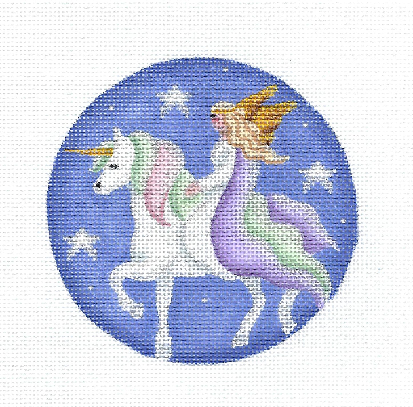 Christmas Round ~ Angel Riding a Unicorn Ornament handpainted Needlepoint Canvas by Rebecca Wood