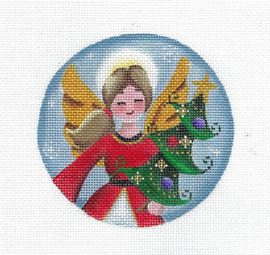 Christmas Angel ~ Angel in Red with a Christmas Tree handpainted 4" Needlepoint Canvas by Rebecca Wood