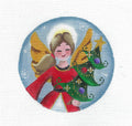 Christmas Angel ~ Angel in Red with a Christmas Tree 18 Mesh handpainted 4" Needlepoint Canvas by Rebecca Wood