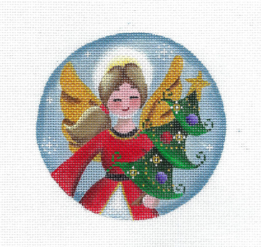 Christmas Angel ~ Angel in Red with a Christmas Tree 18 Mesh handpainted 4" Needlepoint Canvas by Rebecca Wood