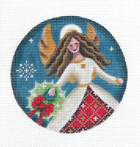 Angel ~ Christmas Angel Holding a Christmas Wreath handpainted 4" Round Needlepoint Canvas by Rebecca Wood
