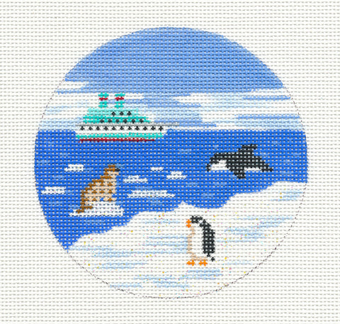 Travel Round ~ Antarctica ~ Destination  4" Round handpainted Needlepoint Canvas by Painted Pony