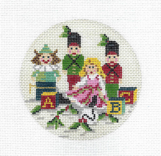 Victorian Toys ~ Doll, Blocks and Soldiers Children's handpainted 18 Mesh 4" Rd. Needlepoint Canvas by Kelly Clark